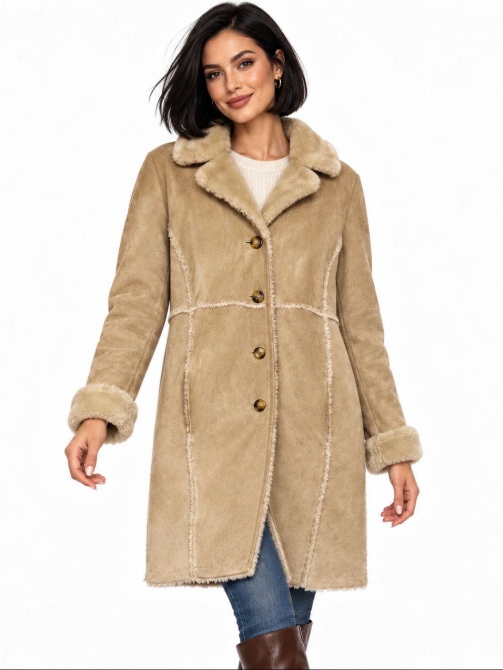 Vintage Jones New York Sport Genuine Suede Leather Coat Faux Fur Lined Tan Sz L